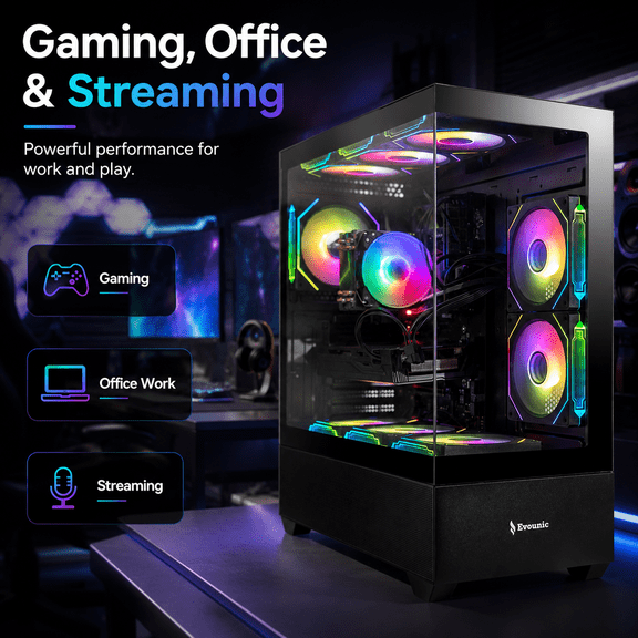 Evounic Gaming PC - AMD Ryzen 5 3500X up to 4.1GHz, GTX 750 Ti, 16GB DDR4, 512GB NVMe SSD 1TB HDD, WiFi 6 & BT5.4, 9 RGB Fan, Win11, RGB KB & Mouse