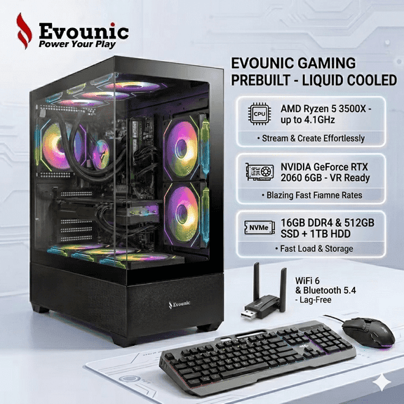 Evounic Prebuilt Liquid Cooled Gaming PC Ryzen 5 3500X 4.1GHz, RTX 2060 6GB VR Ready, 16GB DDR4 RAM, 512GB SSD+1TB HDD, WiFi 6 & BT5.4, 650W, Win11
