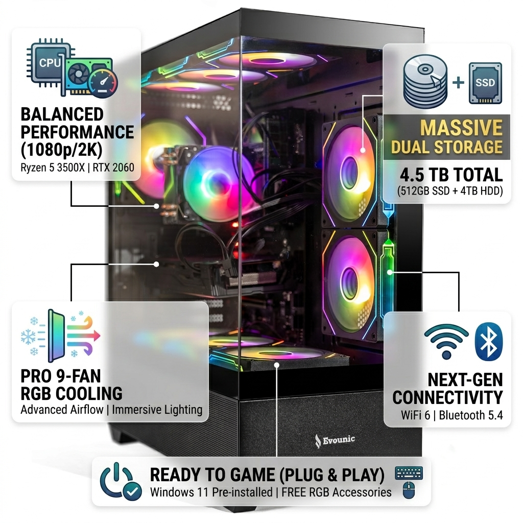 Evounic Gaming PC - AMD Ryzen 5 3500X up to 4.1GHz, RTX 2060 6GB, 16GB DDR4,512GB SSD + 4TB HDD, WiFi 6 & BT5.4, 9 RGB Fan, Win11,RGB KB & Mouse