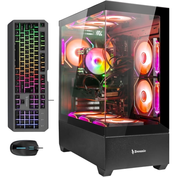 Evounic Gaming PC - AMD Ryzen 5 3500X up to 4.1GHz, RX 580 8GB, 16GB DDR4, 512GB SSD + 1TB HDD, WiFi 6 & BT5.4, 9 RGB Fan, Win11, RGB KB & Mouse