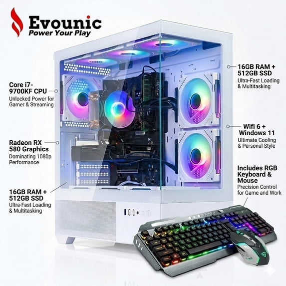 Evounic Prebuilt Gaming PC Desktop Core i7-9700KF, RX 580, 16GB RAM, 512GB SSD, Wifi 6 ARGB Fans, Windows 11, RGB Gaming Tower for Gamer & Streaming