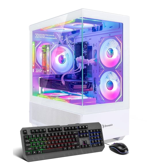 Evounic White ARGB Gaming PC Workstation Combo – i7 Xeon up to 3.6GHz, GeForce GTX 1080 8GB GDDR5X, 32GB RAM, 512GB SSD + 1TB HDD, WiFi 6 & BT 5.4, 8× ARGB Fans, Windows 11, RGB Keyboard & Mouse