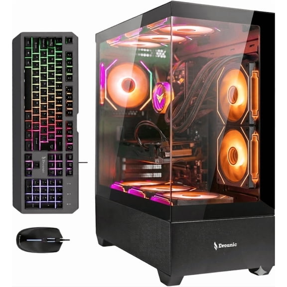 Evounic Gaming PC Desktop, Ryzen 5 3500X, GTX 980, 16GB DDR4 RAM, 512GB NVMe SSD, WiFi 6, Win11, RGB Liquid Cooling