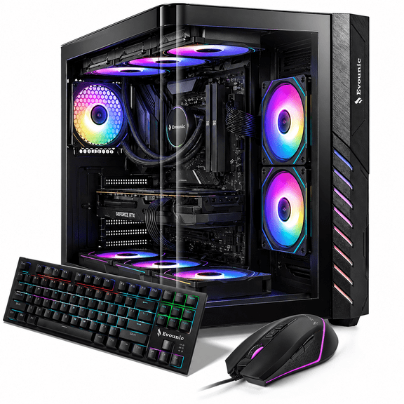 Evounic Liquid Cooled Gaming PC Desktop,i7 Xeon E5 12Core RTX 4060, 64GB RAM 512GB NVMe SSD +1TB HDD, WiFi 6, BT5.4, Win11, RGB Computer for Streaming