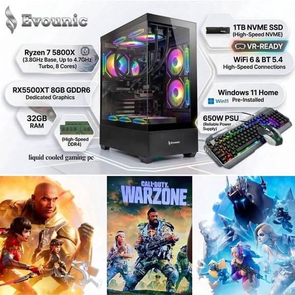 Evounic Liquid Cooled Prebuilt Gaming PC Ryzen 7 5800X 32GB RAM RX5500XT 1TB NVME SSD Win11 650W WIN11 WiFi6 BT5.4 VR-Ready Desktop