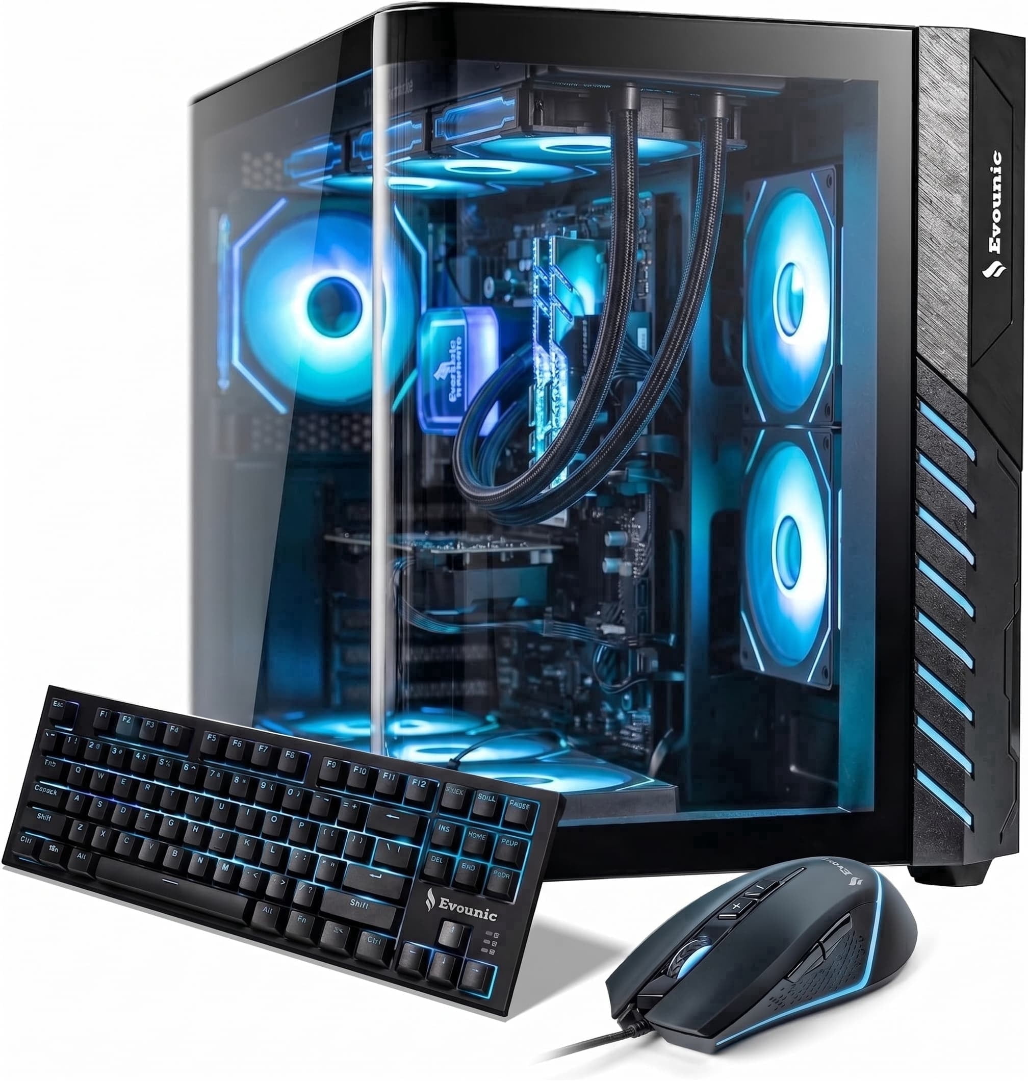 Evounic Prebuilt Gaming PC Liquid Cooled Desktop Ryzen 7 8700F RTX 4060 Ti 16GB DDR5 1TB NVMe SSD WiFi 6 Win11 9xArgb Fans Mechanical Keyboard Mouse