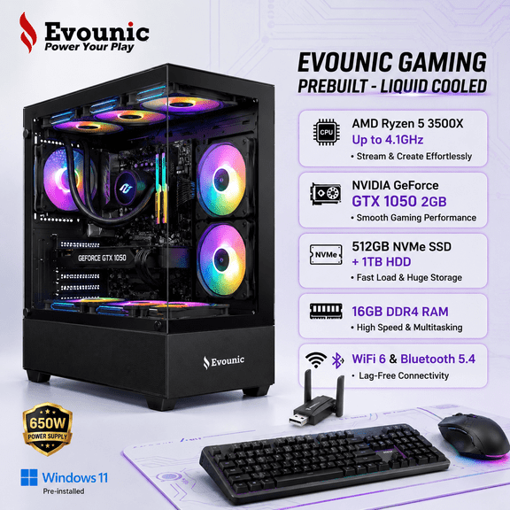Evounic Prebuilt Liquid Cooled Gaming PC Ryzen 5 3500X 4.1GHz GTX 1050, 16GB DDR4 RAM,512GB Nvme SSD+1TB HDD, WiFi 6 Bluetooth5.4 650W, Windows 11