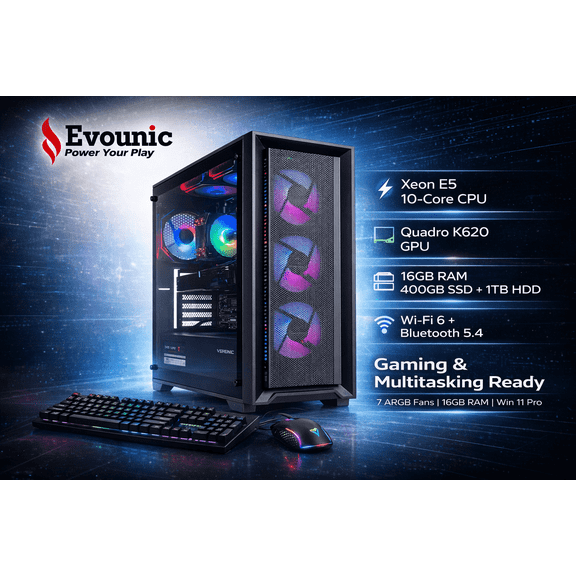 RGB Gaming PC – Intel Xeon E5 10-Core, Quadro K620, 16GB RAM, 400GB SSD + 1TB HDD, Wi-Fi 6& BT5.4, Win11 Pro, ARGB KB & Mouse,7 ARGB Fans Gaming & Multitasking Desktop
