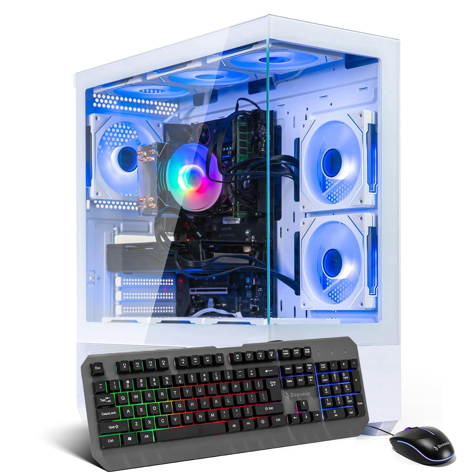 Evounic White Gaming PC Computer Desktop – i7 Xeon E5 3.20GHz, RTX 3050, 16GB RAM, 512GB SSD + 1TB HDD, WiFi 6 & BT 5.4, 9× ARGB Fans, Windows 11 Pro, High-Performance White Gaming Tower VR Ready