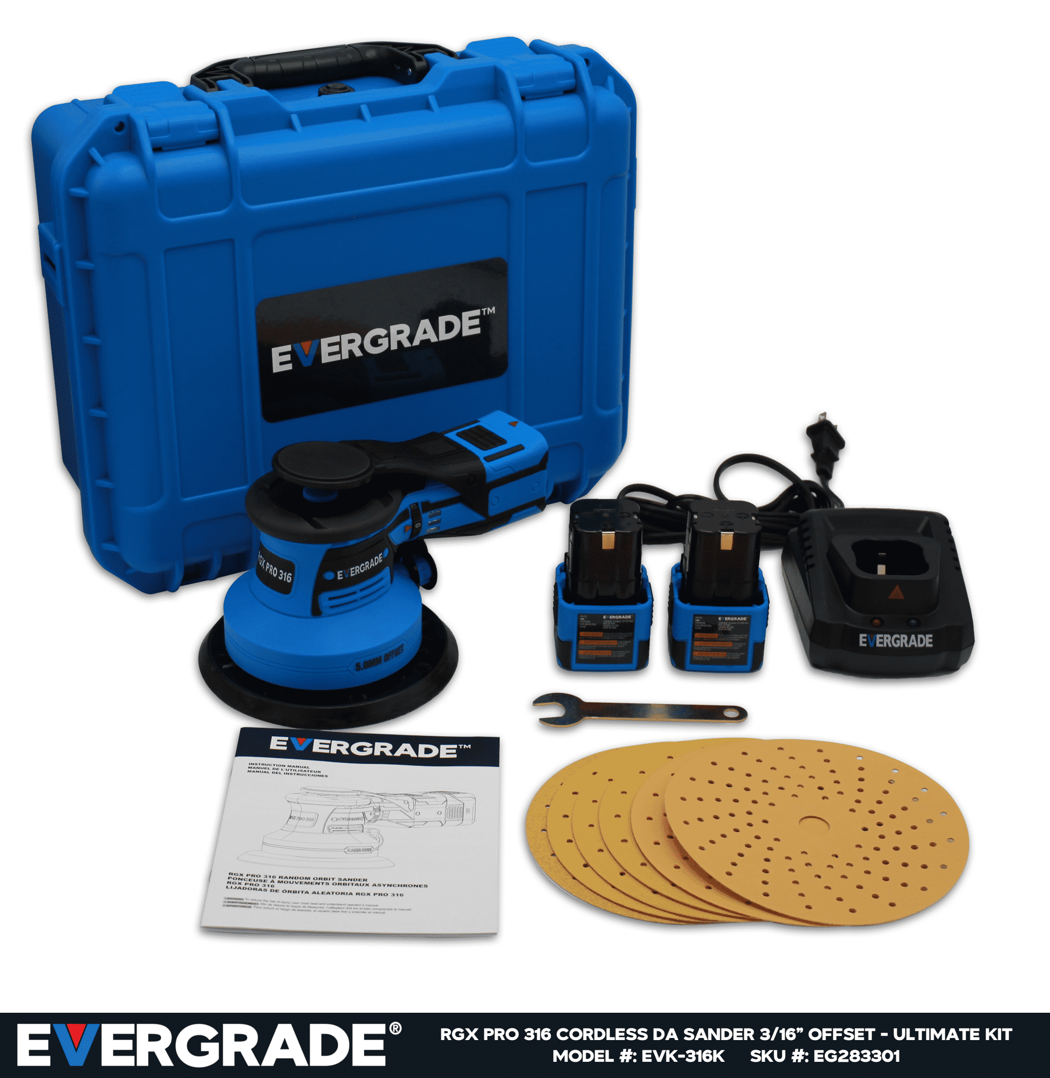 EVERGRADE Professional AWARD WINNING Line - RGX Pro 316, 6" Cordless DA Random Orbital Sander Kit (3/16", 5.0mm) Offset - PREMIUM KIT - Woodworking, Automotive (Fast Material Removal)