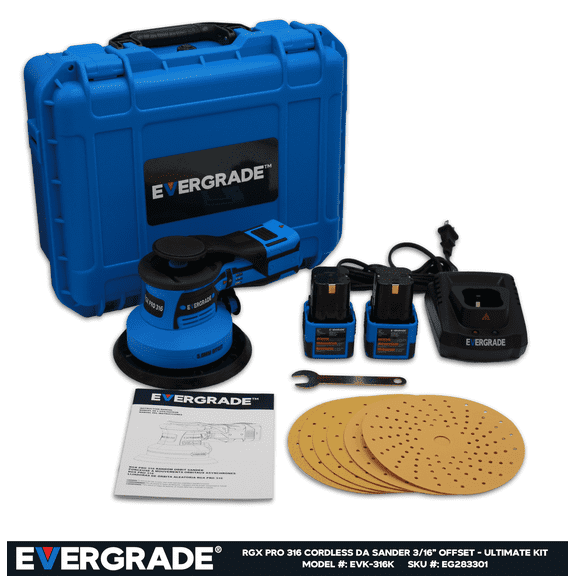 EVERGRADE Professional AWARD WINNING Line - RGX Pro 316, 6" Cordless DA Random Orbital Sander Kit (3/16", 5.0mm) Offset - PREMIUM KIT - Woodworking, Automotive (Fast Material Removal)