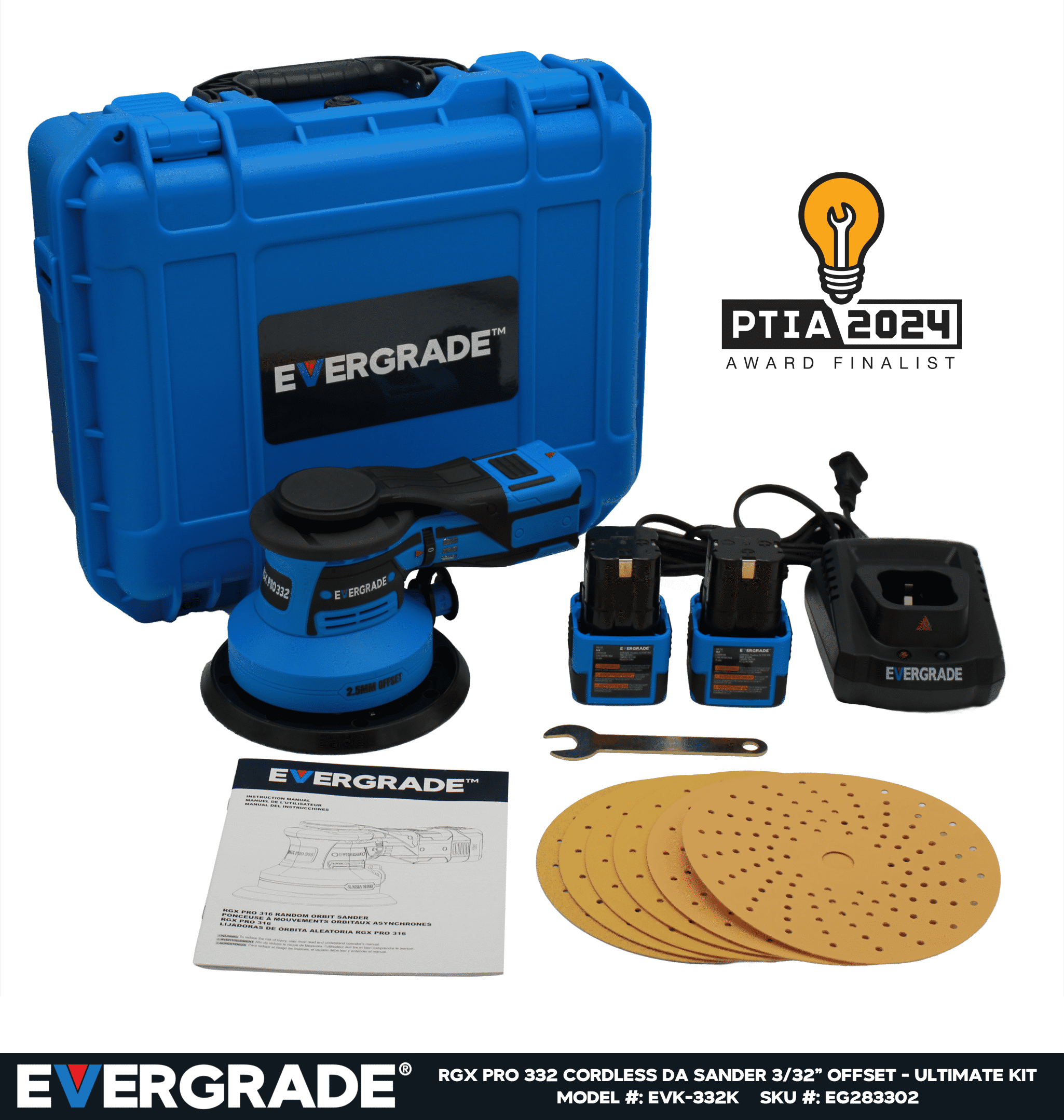 EVERGRADE Professional AWARD WINNING Finalist - RGX Pro 332, 6" Cordless DA Random Orbital Sander Kit (3/32", 2.5 mm) Offset - PREMIUM KIT - Woodworking, Auto Body, Paint Prep (Fine Finish)