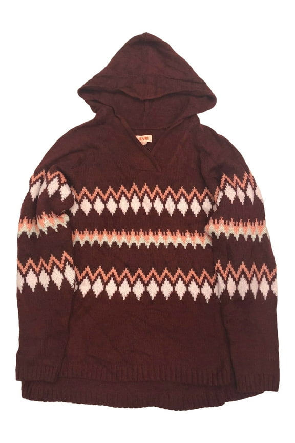 Womens Plus Size Burgundy & Peach Zigzag Hooded Sweater 2X