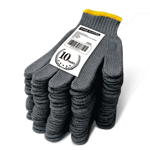 EvridWear 10 Pairs Pack Gray Cotton Polyester String Knit Ultralight Work Gloves
