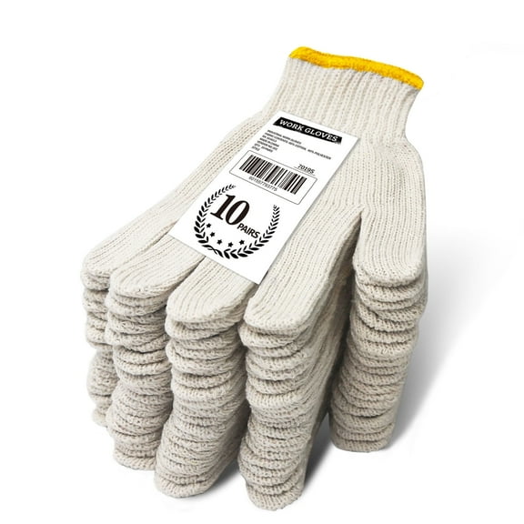 EvridWear 10 Pairs Pack White Cotton Polyester String Knit Ultralight Work Gloves, Adults
