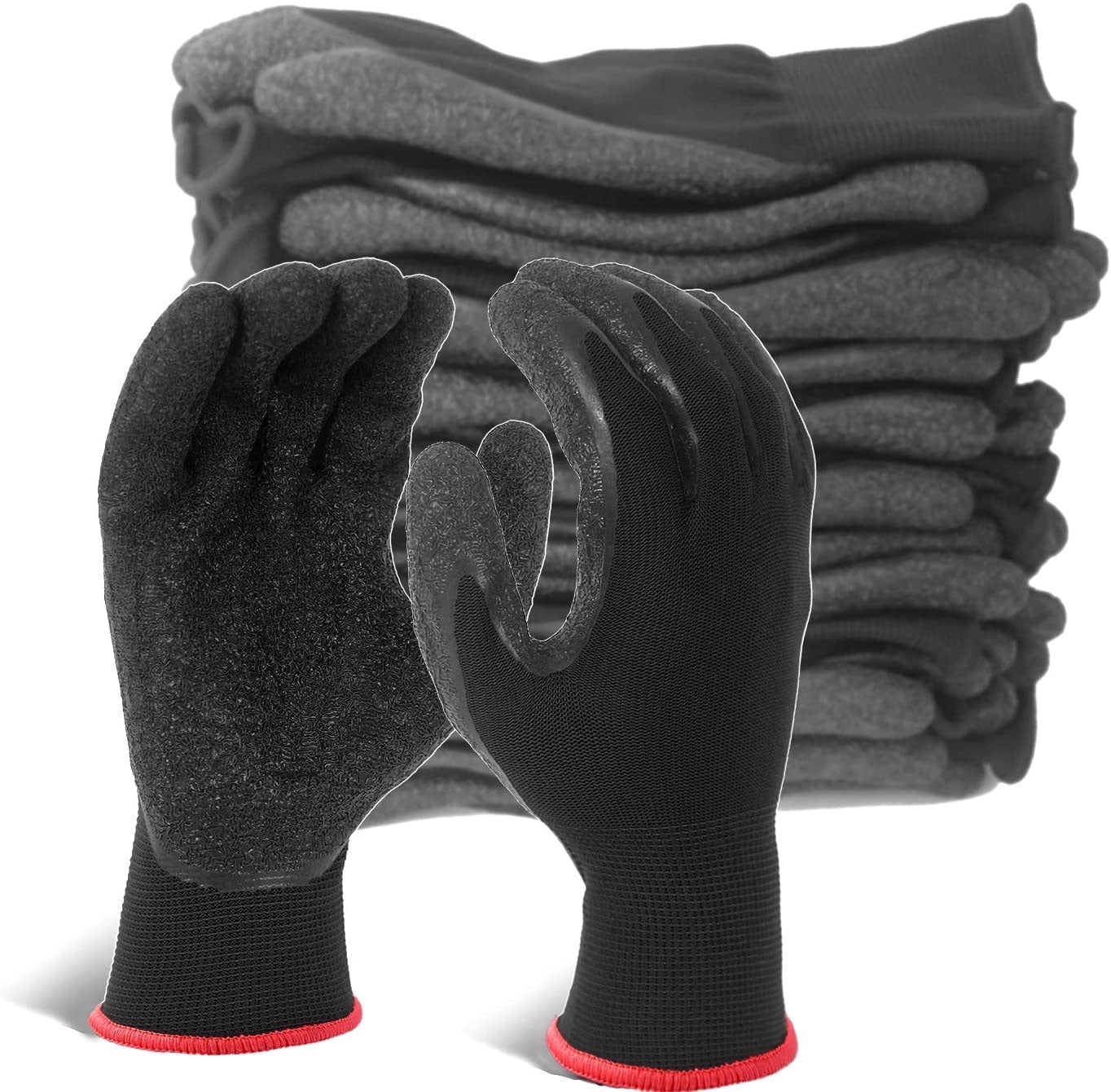 EvridWear 12 Pairs Black Latex Rubber Coated Safety Work Gloves Men Women Construction Warehouse Gardening (S)