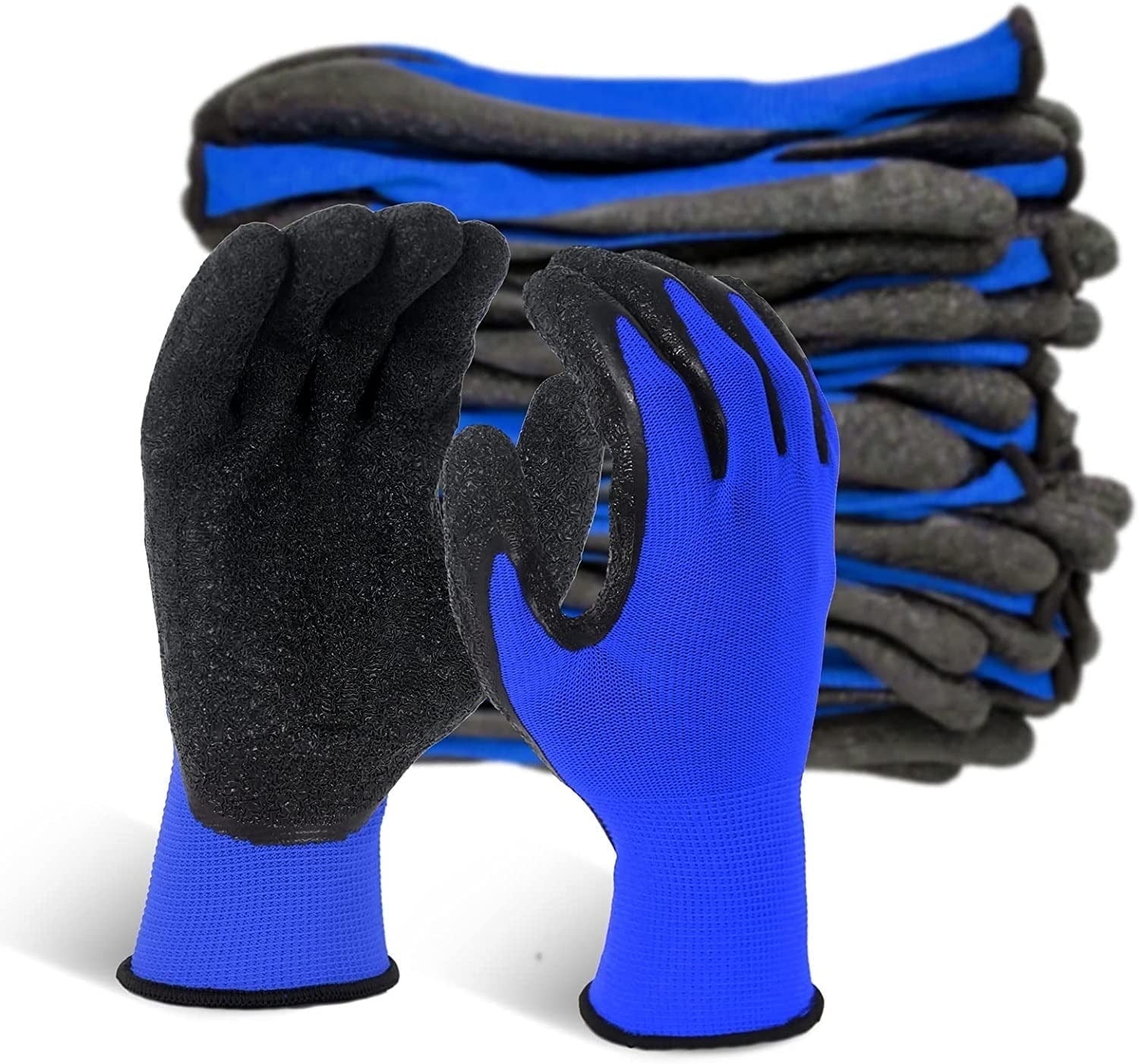 EvridWear 12 Pairs Crinkle Latex Rubber Hand Coated Safety Work Gloves for Men Women General Multi-Use (Large, Blue)