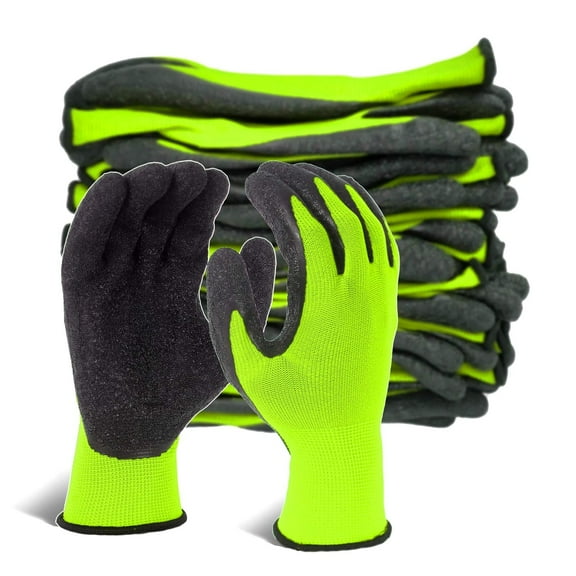 EvridWear 12 Pairs Green Latex Rubber Coated Safety Work Gloves Men Women Construction Warehouse Gardening (L)