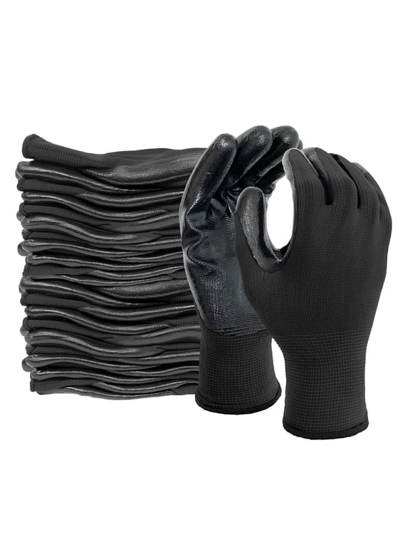 12 Pairs Lightweight Nitrile Coated Grip Work Gloves for Men Women Warehouse Mechanic, Black, Size 8/M