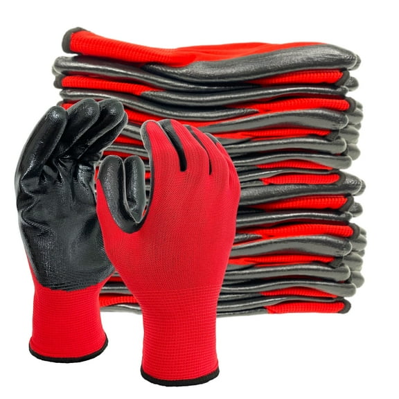 EvridWear 12 Pairs Lightweight Nitrile Coated Grip Work Gloves for Men Women Warehouse Mechanic, Red, Size 9/L
