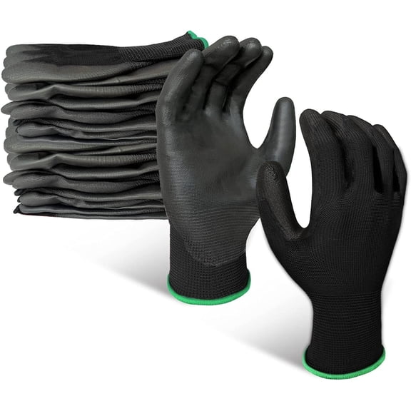 EvridWear 12 Pairs PU Coated Work Gloves Ultra-Thin Anti-Slip Latex-free Safety Glove for Men & Women Light Duty Work,BLACK,XL