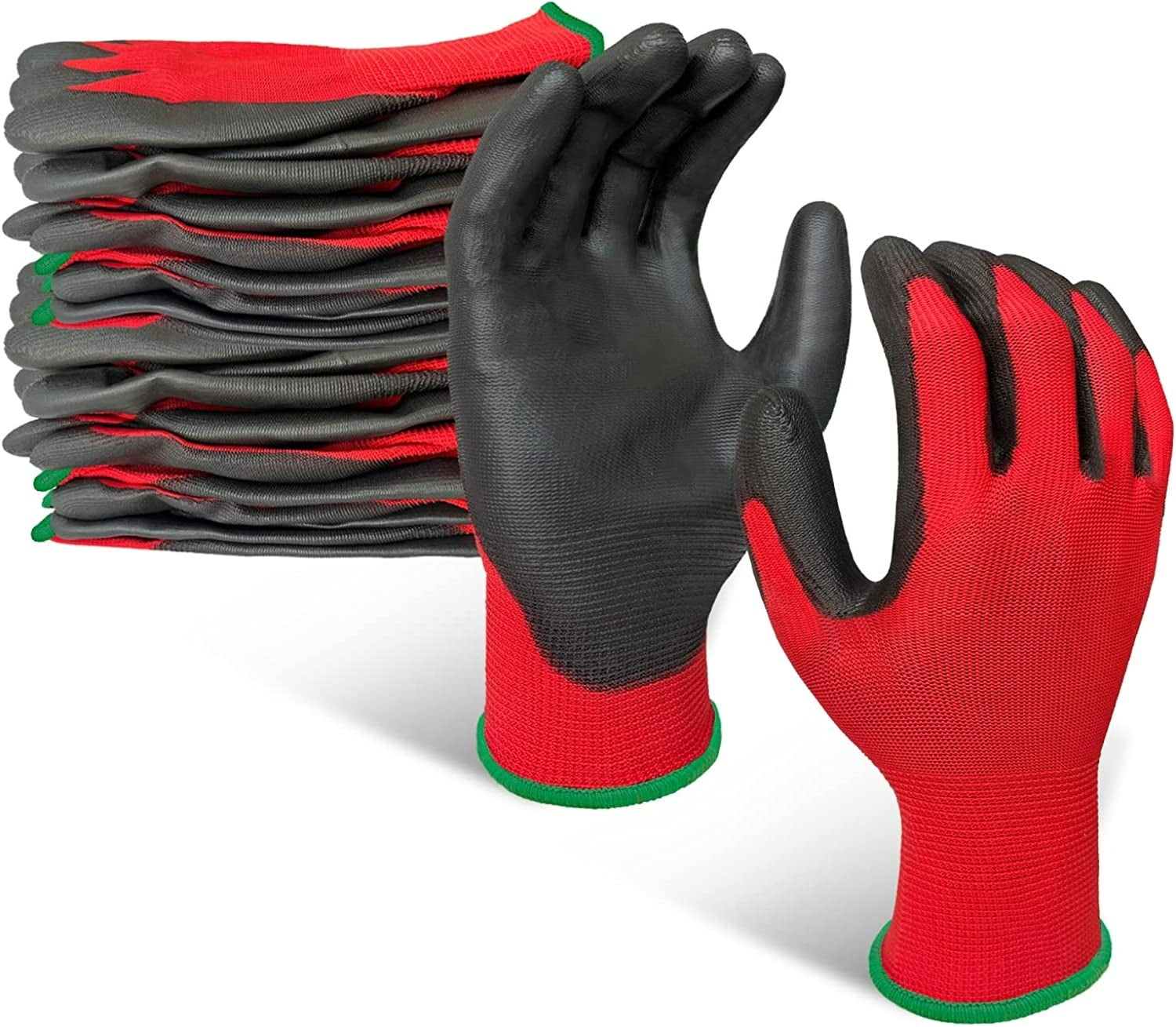 EvridWear 12 Pairs Lightweight Nitrile Coated Grip Work Gloves for Men  Women Warehouse Mechanic, Red, Size 9/L 