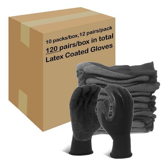 EvridWear 120 Pairs Black Latex Rubber Coated Safety Work Gloves Men Women Construction Warehouse Gardening (S)