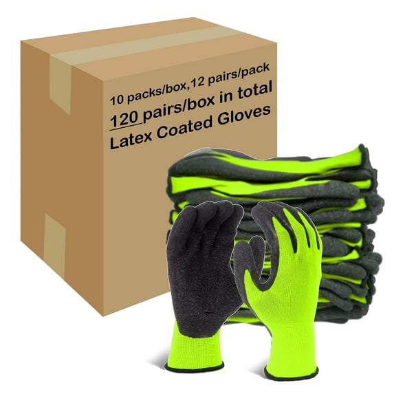 EvridWear 120 Pairs Green Latex Rubber Coated Safety Work Gloves Men Women Construction Warehouse Gardening (L)