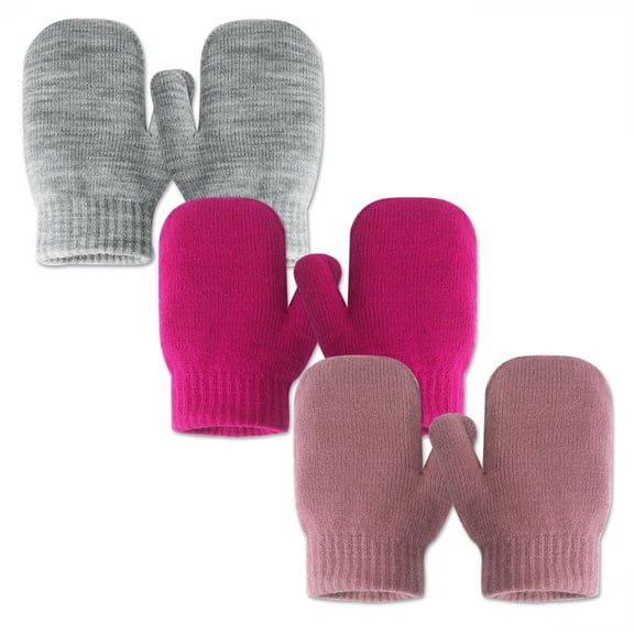 EvridWear 3 Pack Child Thermal Warm Stretch Knitted Mittens, S/4-6Years, Grey Pink Hot Pink