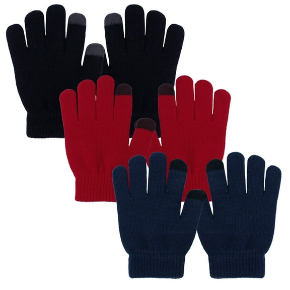 EvridWear Boy Girl Knit Warm Touchscreen Gloves, Fall Winter Cold Weather (3 Pairs, Black, Navy, Red, L, 8-14Y)