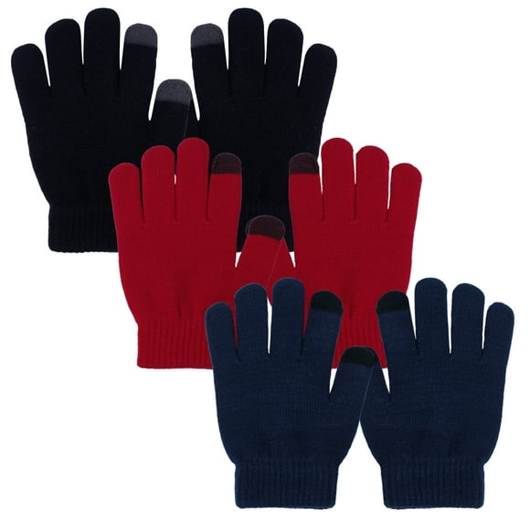 EvridWear Boy Girl Knit Warm Touchscreen Gloves, Fall Winter Cold Weather (3 Pairs, Black, Navy, Red, L, 8-14Y)
