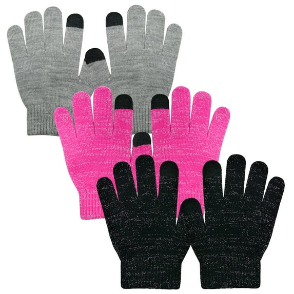 EvridWear Boy Girl Knit Warm Touchscreen Gloves, Fall Winter Cold Weather (3 Pairs, Gray, Pink, Black, S, 4-6Y)