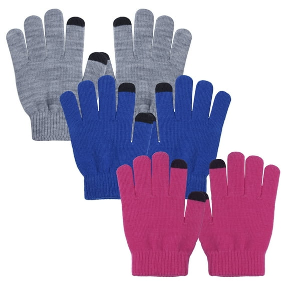 EvridWear Boy Girl Knit Warm Touchscreen Gloves, Fall Winter Cold Weather (3 Pairs, Pink, Gray, Blue, L, 8-14Y)