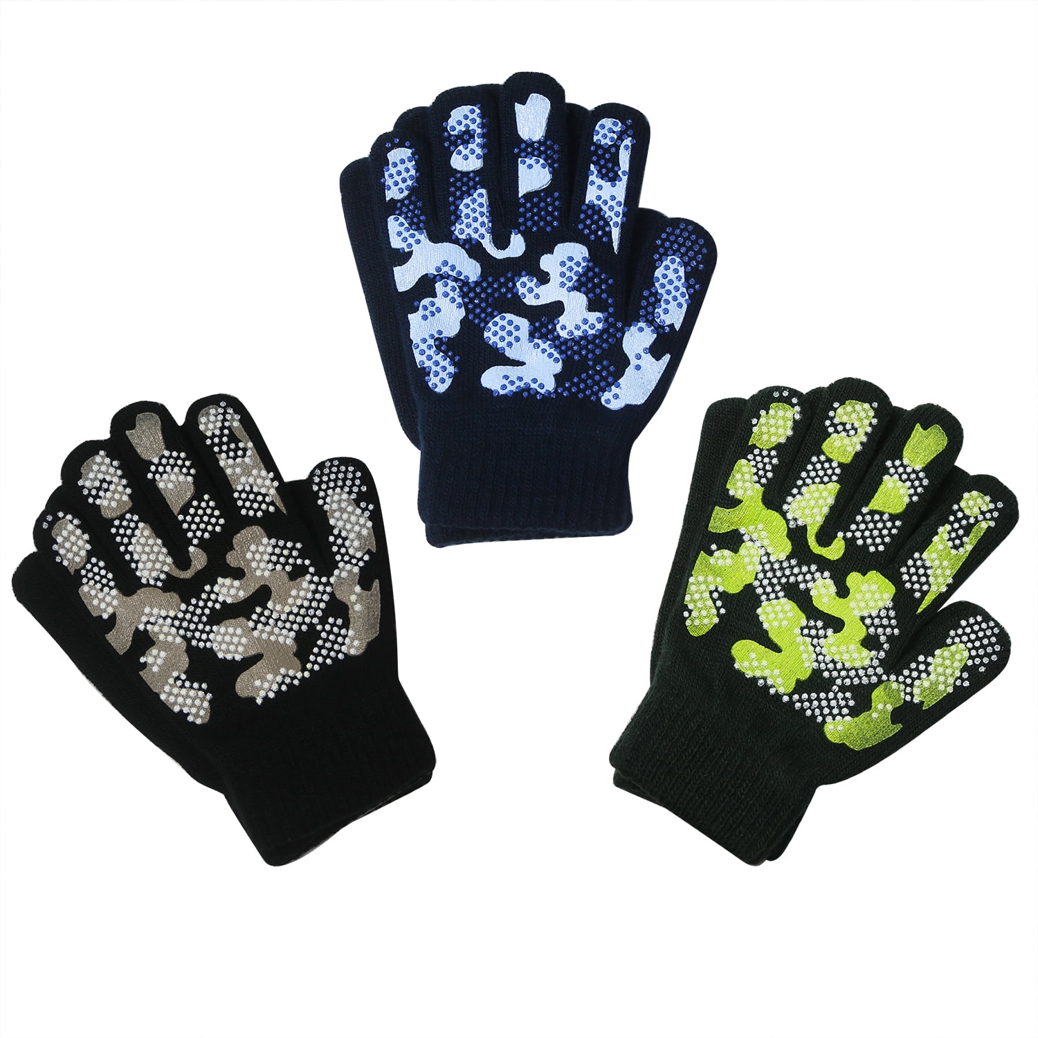 EvridWear Boys Girls Magic Stretch Gripper Gloves 3 Pair Pack (Camo,  L/8-14Years)