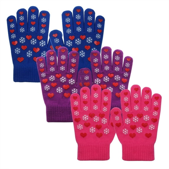 EvridWear Boys Girls Magic Stretch Gripper Gloves 3 Pair Pack (Snowflake, M/6-8Years)
