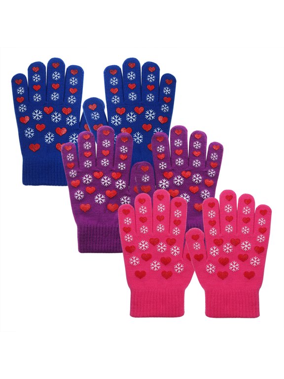 Boys Girls Magic Stretch Gripper Gloves 3 Pair Pack (Snowflake, S/4-6Years)
