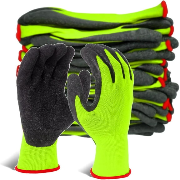 EvridWear Crinkle Latex Rubber Hand Coated Safety Work Gloves for Men Women General Multi Use Construction Warehouse Gardening Assembly Landscaping (Medium,Green- 12Pair)