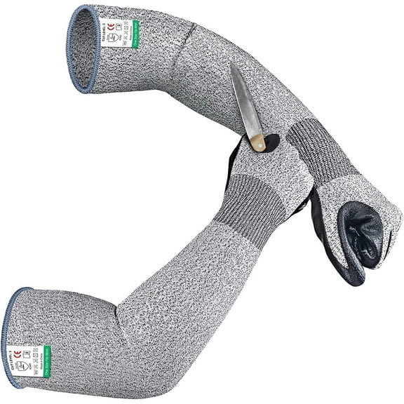 EvridWear Cut Resistant Gloves with Arm Protection Sleeves, Work Sleeves with Nitrile Coated Safety Work Gloves, Industrial Gloves with Grip for Men (Gray, Large)