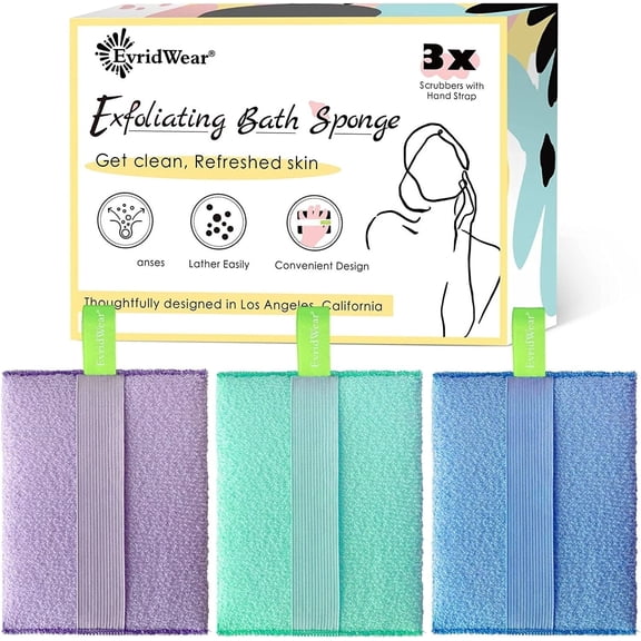 EvridWear Exfoliating Bath Sponge, Adult Daily Skincare Body Scrubbers Soap Shower Pads with Strap for Clean, 3 Count Value Pack(Macaroon)