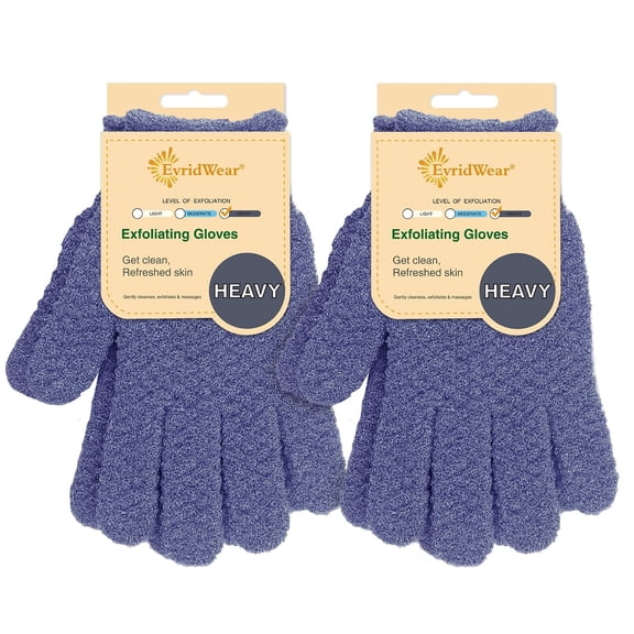 EvridWear Exfoliating Dual Texture Bath Gloves for Shower, Spa, Massage and Body Scrubs, Dead Skin Cell Remover, Gloves with hanging loop (2 Pair Heavy)
