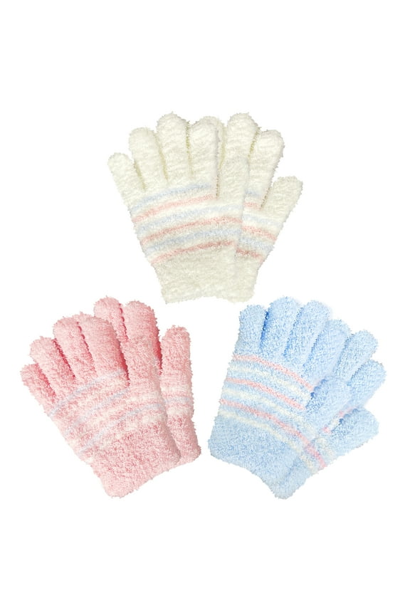 Kids Warm Winter Gloves, Full Fingers, Fluffy Stripe Mitten for Little Boys & Girls, 3 Pairs, Pink+Blue+White, S/4-6Years