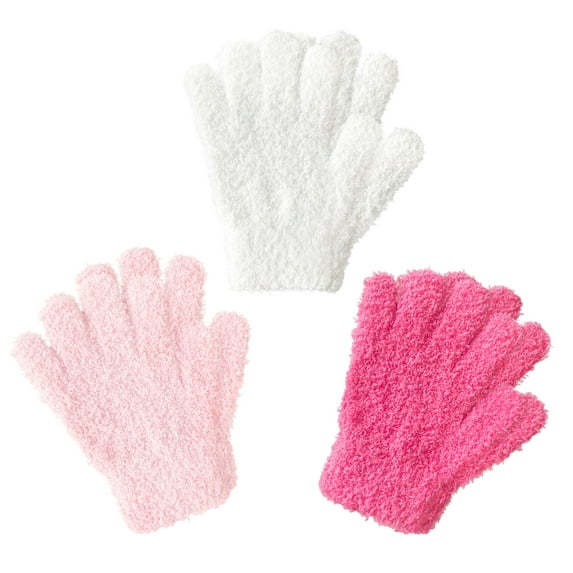 EvridWear Kids Warm Winter Gloves, Full Fingers, Fluffy Stripe Mitten for Little Boys & Girls, 3 Pairs, Pink Set, M/6-8Years