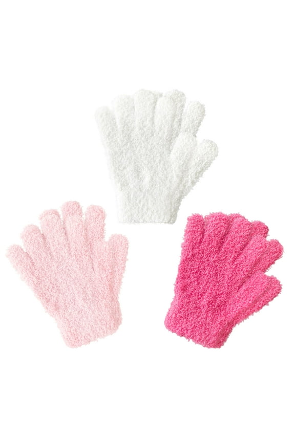 Kids Warm Winter Gloves, Full Fingers, Fluffy Stripe Mitten for Little Boys & Girls, 3 Pairs, Pink Set, M/6-8Years