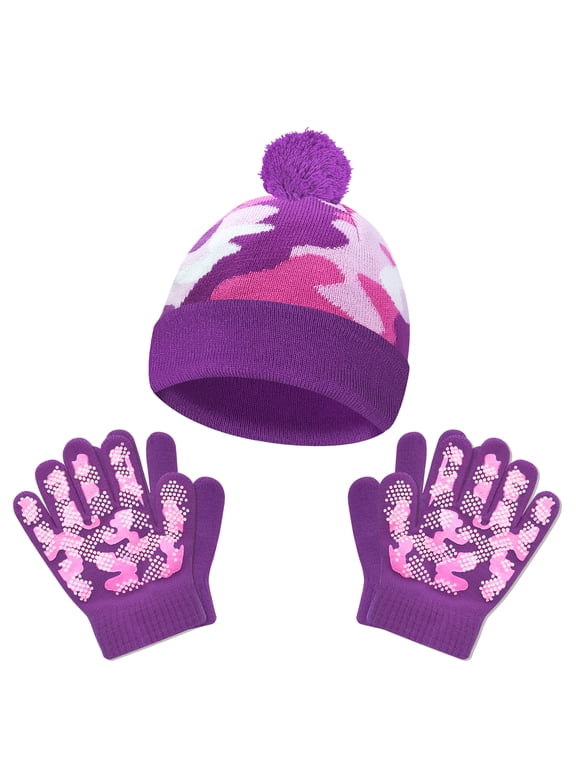 Kids Winter Hat and 2 Pairs Gloves Set Knit Earflap Beanie Warm Cap for Boys Girls 4-6 Years,Camo Kit Purple