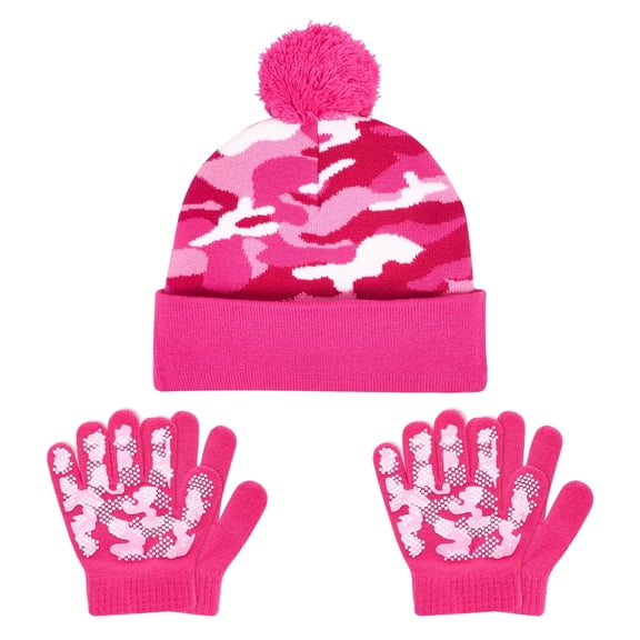 EvridWear Kids Winter Hat and 2 Pairs Gloves Set Knit Warm Cap for Boys Girls 4-6 Years, Camo Kit Pink