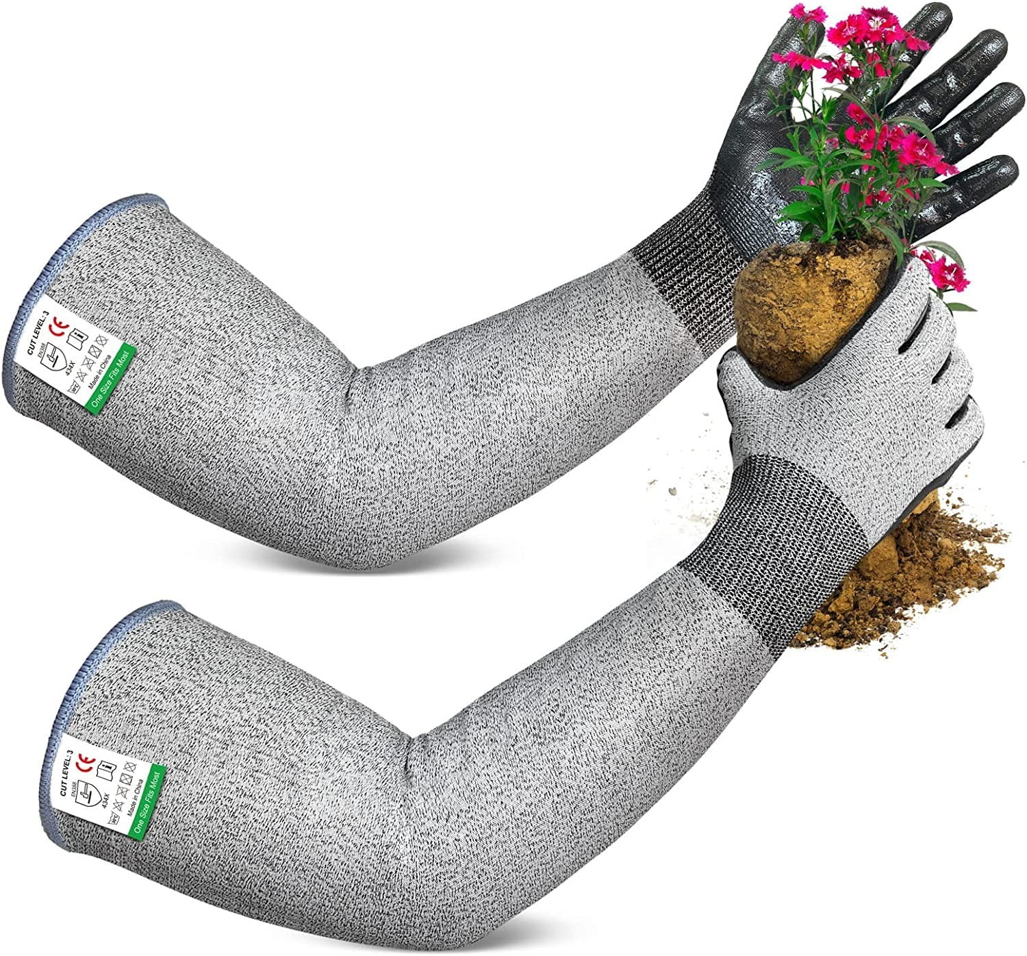 EvridWear Long Gardening Gloves Cut Resistant Sleeves with Antislip Nitrile Coated Palm for