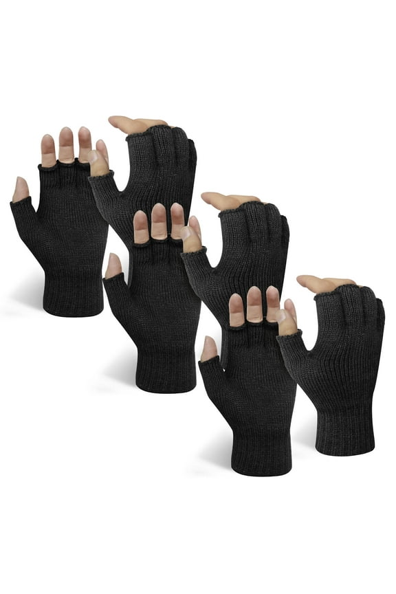 Mens Thermal Winter Gloves Touch Screen Glove Driving Texting for Cold Weather (3 Pairs Fingerless, Black*3)