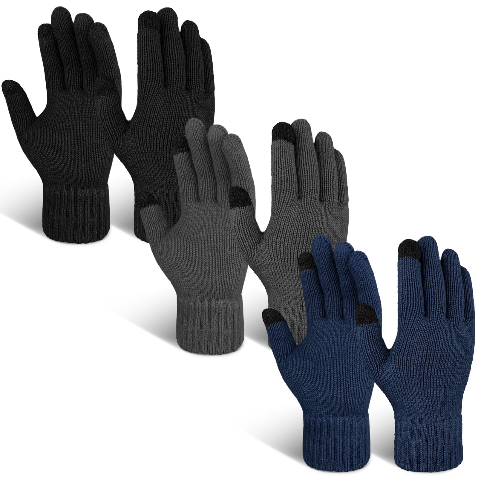 EvridWear Men's Touchscreen Thermal Winter Gloves, Full Finger, 3 Pairs ...