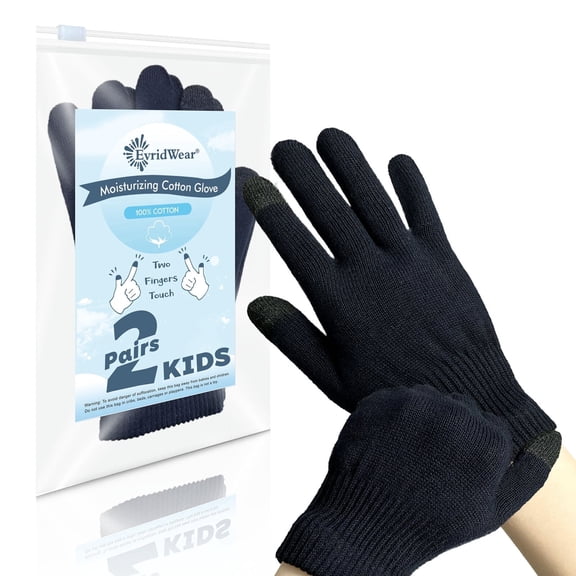 EvridWear Moisturizing Gloves for Kids, Extra Small 2 Pairs Cotton Glove with Touchscreen Fingers (Black)
