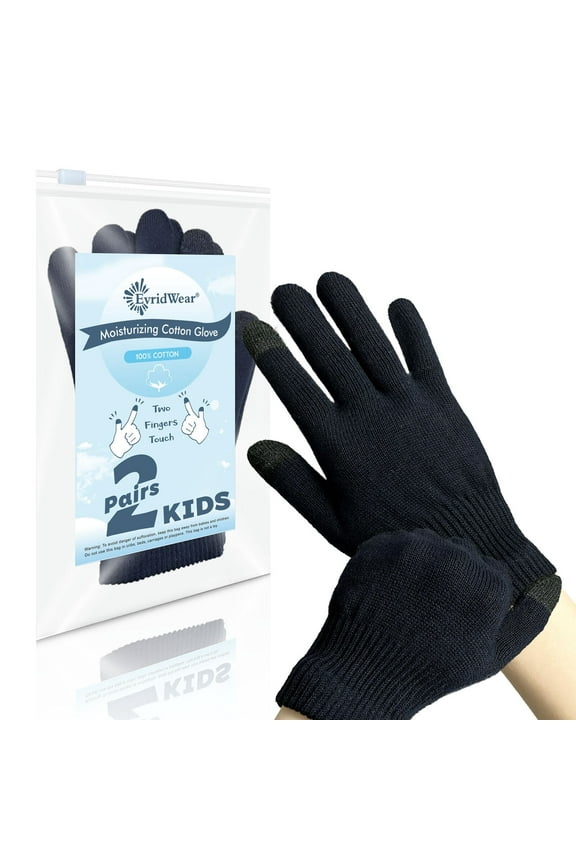 Moisturizing Gloves for Kids, Extra Small 2 Pairs Cotton Glove with Touchscreen Fingers (Black)